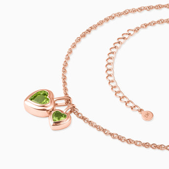 18KT Rose Gold Vermeil Double Heart Peridot Bezel Necklace - Coeur Echo Side View