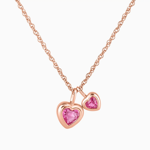 18KT Rose Gold Vermeil Double Heart Pink Tourmaline Bezel Necklace - Coeur Echo Front View