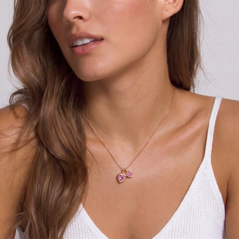 18KT Rose Gold Vermeil Double Heart Pink Tourmaline Bezel Necklace - Coeur Echo Model Shot