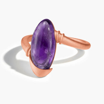 18KT Rose Gold Vermeil Elongated Oval Amethyst Sculptural Statement Ring - Cove Front View
