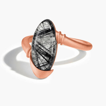 18KT Rose Gold Vermeil Elongated Oval Black Rutilated Quartz Sculptural Statement Ring - Cove Front View