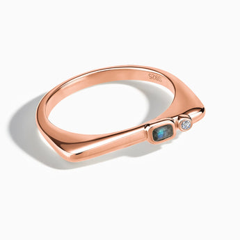 18KT Rose Gold Vermeil Emerald Cut Labradorite Puzzle Stacking Ring - Minimal Align Front View