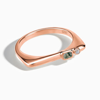 18KT Rose Gold Vermeil Emerald Cut Moss Agate Puzzle Stacking Ring - Minimal Align Front View
