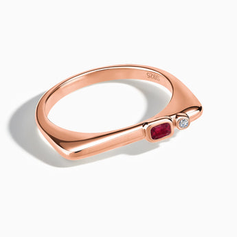 18KT Rose Gold Vermeil Emerald Cut Ruby Puzzle Stacking Ring - Minimal Align Front View