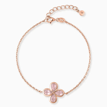 18KT Rose Gold Vermeil Four-Leaf Clover Rose Quartz Bracelet - Fortune Wish Front View