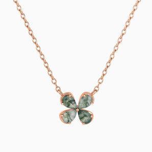 18KT Rose Gold Vermeil Four-Leaf Moss Agate Necklace - Lucky Quartet Front View