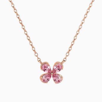 18KT Rose Gold Vermeil Four-Leaf Pink Tourmaline Necklace - Lucky Quartet Front View