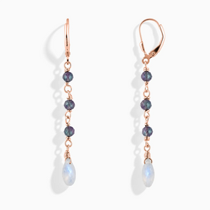 18KT Rose Gold Vermeil Freeform Alexandrite & Moonstone Linked Dangle Earrings - Trailing Whispers Front View