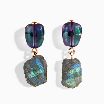 18KT Rose Gold Vermeil Freeform Alexandrite & Raw Labradorite Stud Earrings - Tethered Earth Front View