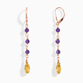 18KT Rose Gold Vermeil Freeform Amethyst & Citrine Linked Dangle Earrings - Trailing Whispers Front View