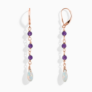 18KT Rose Gold Vermeil Freeform Amethyst & Opal Linked Dangle Earrings - Trailing Whispers Front View