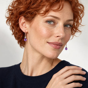 18KT Rose Gold Vermeil Freeform Aquamarine and Amethyst Dangle Earrings Woven Duet Model Shot