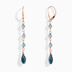 18KT Rose Gold Vermeil Freeform Aquamarine & London Blue Topaz Linked Dangle Earrings - Trailing Whispers Front View