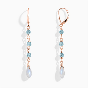 18KT Rose Gold Vermeil Freeform Aquamarine & Moonstone Linked Dangle Earrings - Trailing Whispers Front View