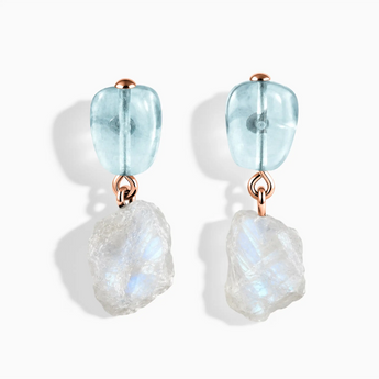 18KT Rose Gold Vermeil Freeform Aquamarine & Raw Moonstone Stud Earrings - Tethered Earth Front View