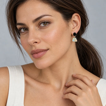 18KT Rose Gold Vermeil Freeform Black Onyx & Opal Stud Earrings - Linked Fate Model Shot