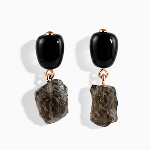 18KT Rose Gold Vermeil Freeform Black Onyx & Raw Smoky Quartz Stud Earrings - Tethered Earth Front View