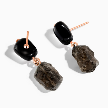 18KT Rose Gold Vermeil Freeform Black Onyx & Raw Smoky Quartz Stud Earrings - Tethered Earth Side View