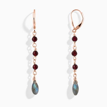 18KT Rose Gold Vermeil Freeform Garnet & Labradorite Linked Dangle Earrings - Trailing Whispers Front View