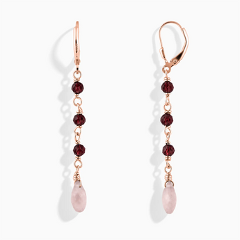 18KT Rose Gold Vermeil Freeform Garnet & Rose Quartz Linked Dangle Earrings - Trailing Whispers Front View