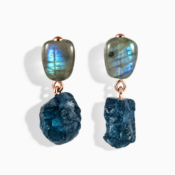 18KT Rose Gold Vermeil Freeform Labradorite & Raw London Blue Topaz Stud Earrings - Tethered Earth Front View