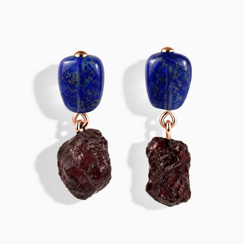 18KT Rose Gold Vermeil Freeform Lapis Lazuli & Raw Garnet Stud Earrings - Tethered Earth Front View