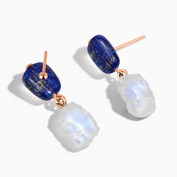 18KT Rose Gold Vermeil Freeform Lapis Lazuli & Raw Moonstone Stud Earrings - Tethered Earth Side View