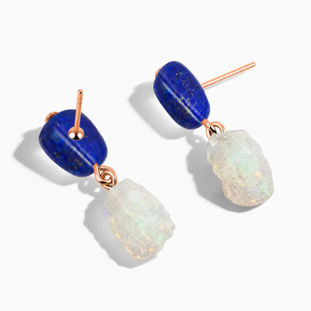 18KT Rose Gold Vermeil Freeform Lapis Lazuli & Raw Opal Stud Earrings - Tethered Earth Side View