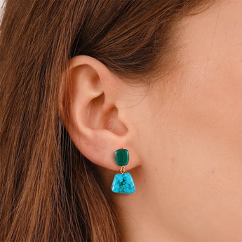 18KT Rose Gold Vermeil Freeform Malachite & Turquoise Stud Earrings - Linked Fate Model Shot