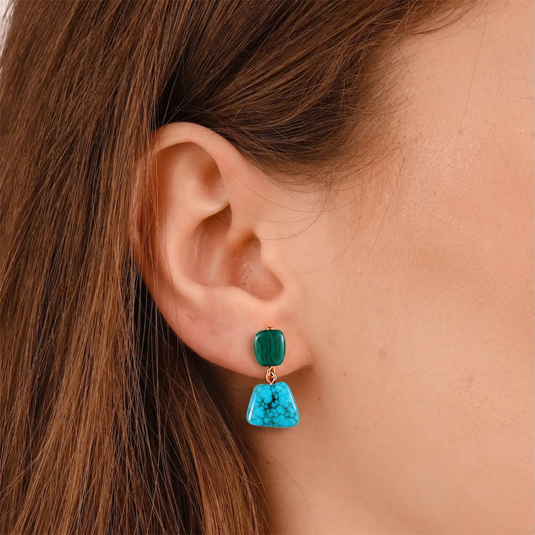 18KT Rose Gold Vermeil Freeform Malachite & Turquoise Stud Earrings - Linked Fate Model Shot