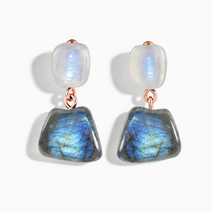 18KT Rose Gold Vermeil Freeform Moonstone & Labradorite Stud Earrings - Linked Fate Front View