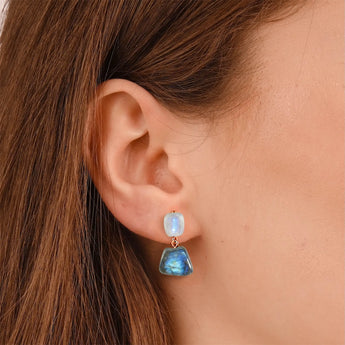 18KT Rose Gold Vermeil Freeform Moonstone & Labradorite Stud Earrings - Linked Fate Model Shot