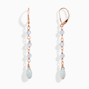 18KT Rose Gold Vermeil Freeform Moonstone & Opal Linked Dangle Earrings - Trailing Whispers Front View