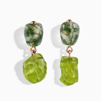 18KT Rose Gold Vermeil Freeform Moss Agate & Raw Peridot Stud Earrings - Tethered Earth Front View