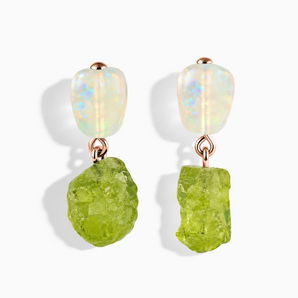 18KT Rose Gold Vermeil Freeform Opal & Raw Peridot Stud Earrings - Tethered Earth Front View