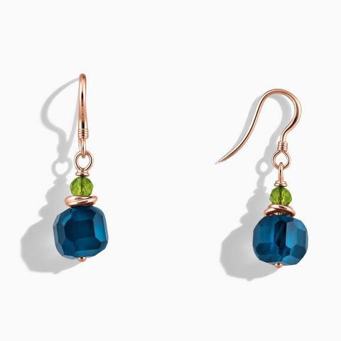 18KT Rose Gold Vermeil Freeform Peridot & London Blue Topaz Dangle Earrings - Woven Duet Front View