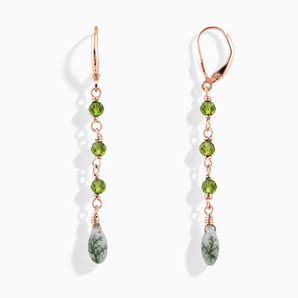 18KT Rose Gold Vermeil Freeform Peridot & Moss Agate Linked Dangle Earrings - Trailing Whispers Front View