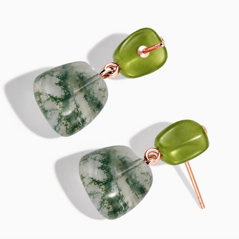 18KT Rose Gold Vermeil Freeform Peridot & Moss Agate Stud Earrings - Linked Fate Side View