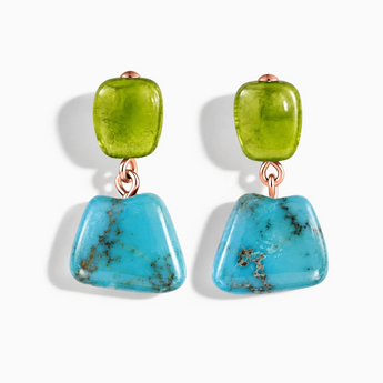 18KT Rose Gold Vermeil Freeform Peridot & Turquoise Stud Earrings - Linked Fate Front View