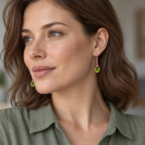 18KT Rose Gold Vermeil Freeform Pink Tourmaline and Peridot Dangle Earrings Woven Duet Model Shot