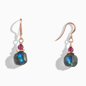 18KT Rose Gold Vermeil Freeform Pink Tourmaline & Labradorite Dangle Earrings - Woven Duet Front View