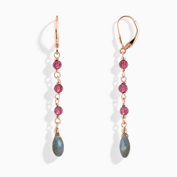 18KT Rose Gold Vermeil Freeform Pink Tourmaline & Labradorite Linked Dangle Earrings - Trailing Whispers Front View