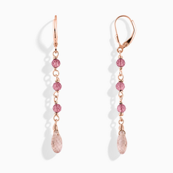 18KT Rose Gold Vermeil Freeform Pink Tourmaline & Morganite Linked Dangle Earrings - Trailing Whispers Front View