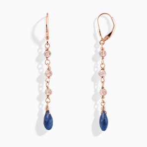 18KT Rose Gold Vermeil Freeform Rose Quartz & Blue Sapphire Linked Dangle Earrings - Trailing Whispers Front View