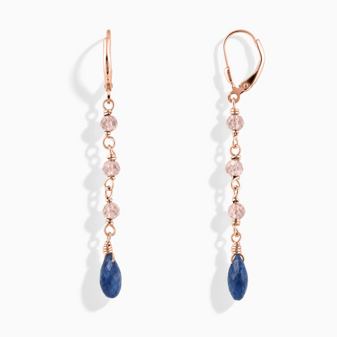 18KT Rose Gold Vermeil Freeform Rose Quartz & Blue Sapphire Linked Dangle Earrings - Trailing Whispers Front View