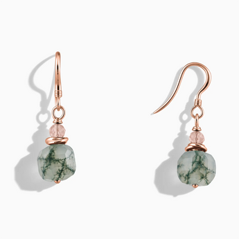 18KT Rose Gold Vermeil Freeform Rose Quartz & Moss Agate Dangle Earrings - Woven Duet Front View