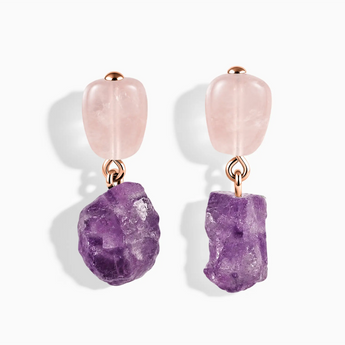 18KT Rose Gold Vermeil Freeform Rose Quartz & Raw Amethyst Stud Earrings - Tethered Earth Front View