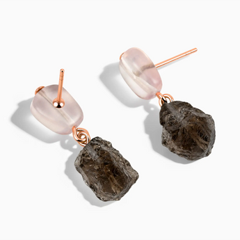 18KT Rose Gold Vermeil Freeform Rose Quartz & Raw Smoky Quartz Stud Earrings - Tethered Earth Side View