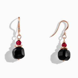 18KT Rose Gold Vermeil Freeform Ruby & Black Onyx Dangle Earrings - Woven Duet Front View
