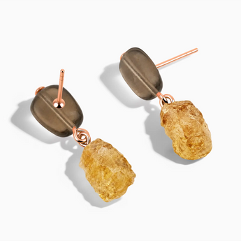 18KT Rose Gold Vermeil Freeform Smoky Quartz & Raw Citrine Stud Earrings - Tethered Earth Side View